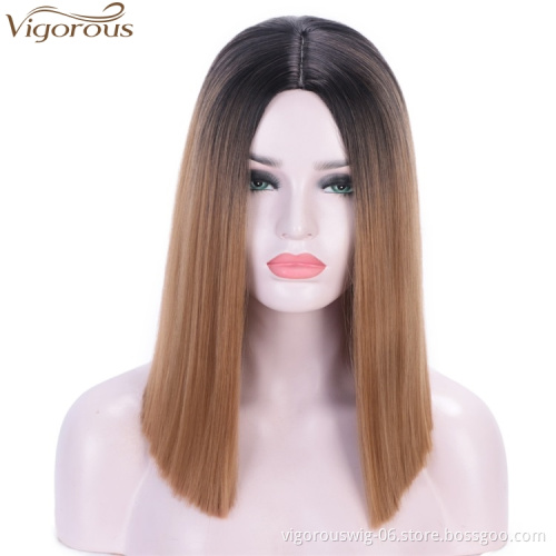 Vigorous 14 inch Short Straight Bob Hair Synthetic Wigs For Women 2 Tone Ombre Brown Color Wigs Middle Part Glueless Cosplay Wig